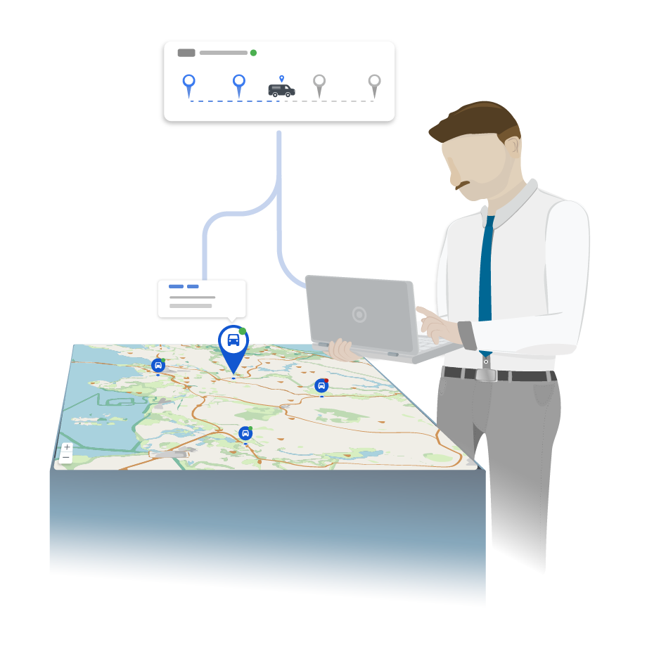 A fleet manager overlooking a map with pin locations of his vehicles